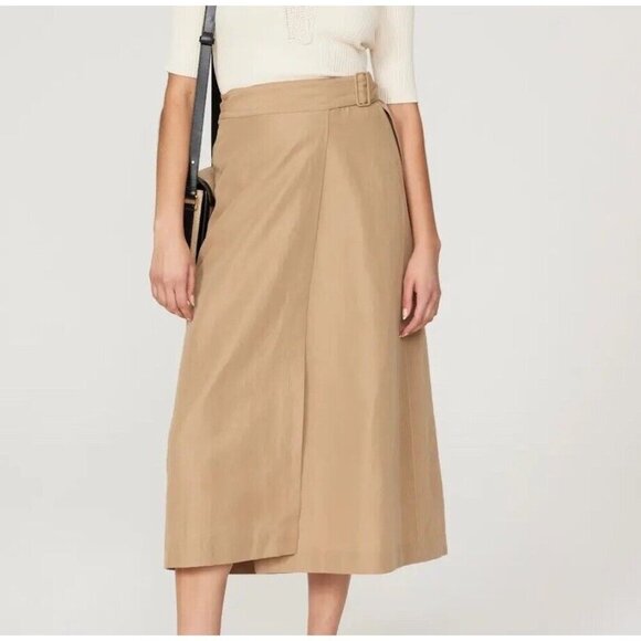 Vince Linen Blend Skirt Size 4 Buckle Wrap Midi Skirt Sandshell Tan NWOT - Picture 1 of 16
